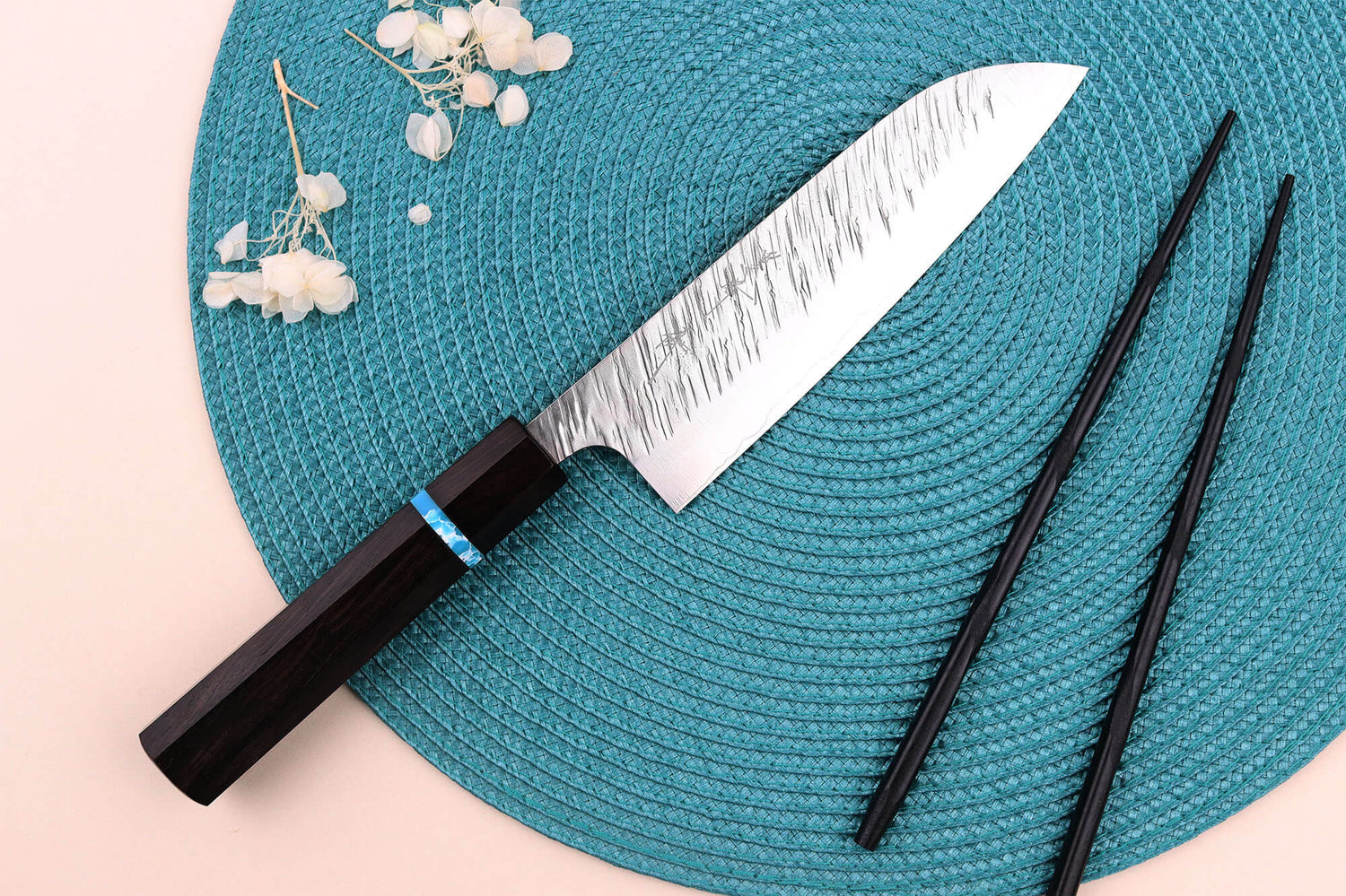 Couteau santoku japonais artisanal Yu Kurosaki Fujin 16,5cm SG2 turquoise