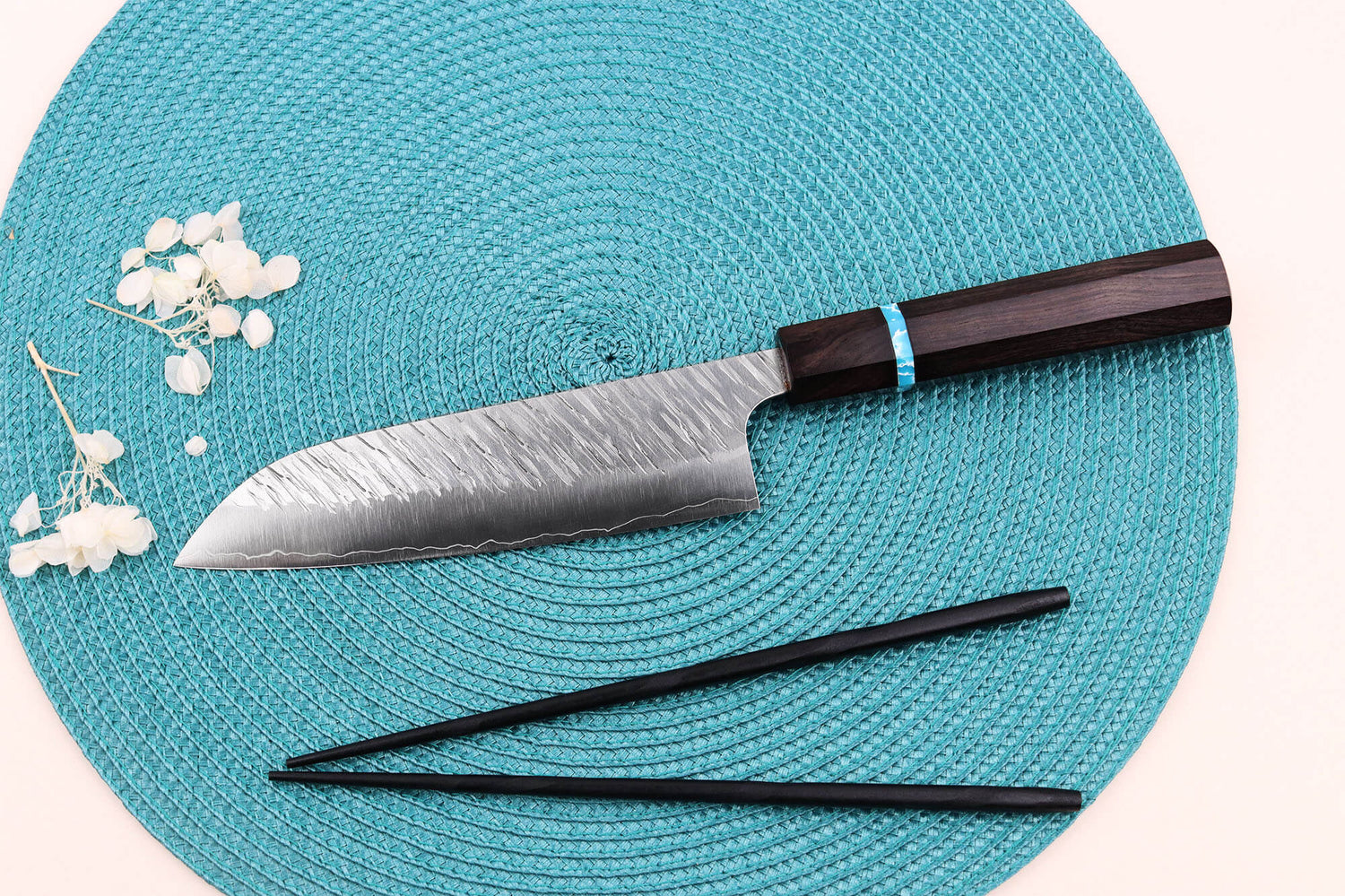 Couteau santoku japonais artisanal Yu Kurosaki Fujin 16,5cm SG2 turquoise
