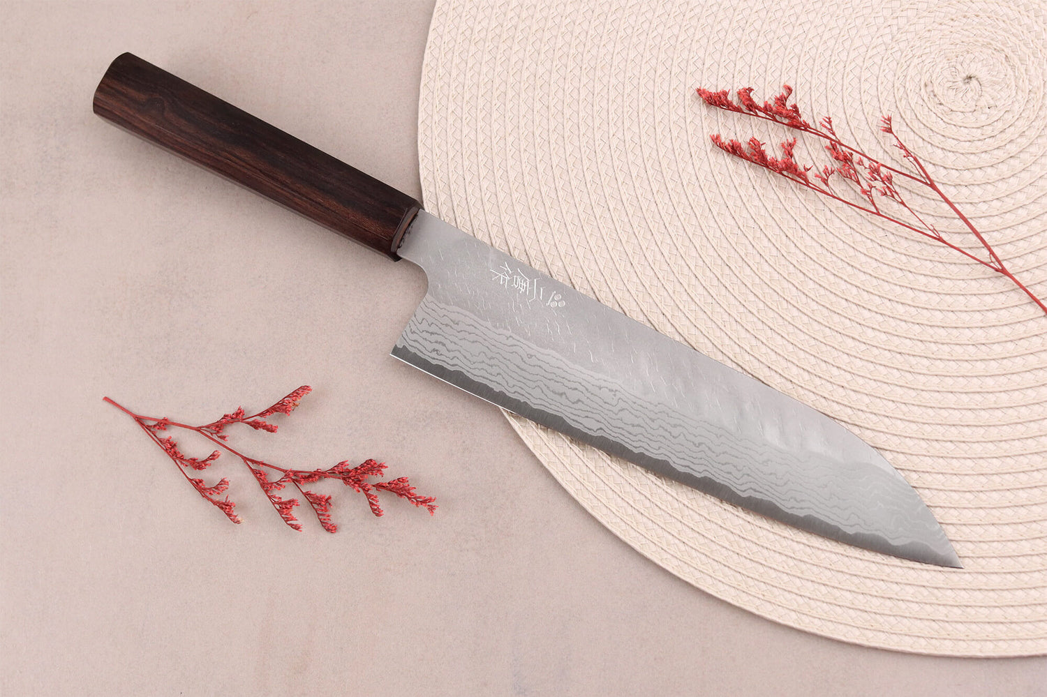 Couteau de chef 20cm japonais artisanal Nigara Hamono Tsuchime VG10 damas