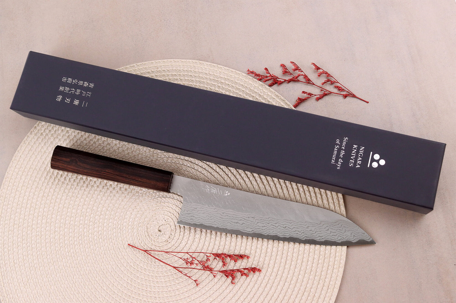 Couteau de chef 20cm japonais artisanal Nigara Hamono Tsuchime VG10 damas