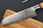 Couteau santoku alvéolé 18cm Ryda Knives ST650 Damas et manche en olivier
