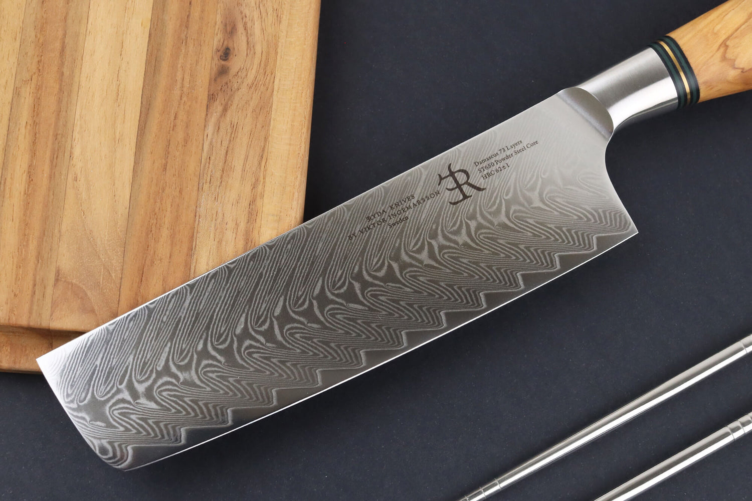 Couteau nakiri 18cm Ryda Knives ST650 Damas et manche en olivier
