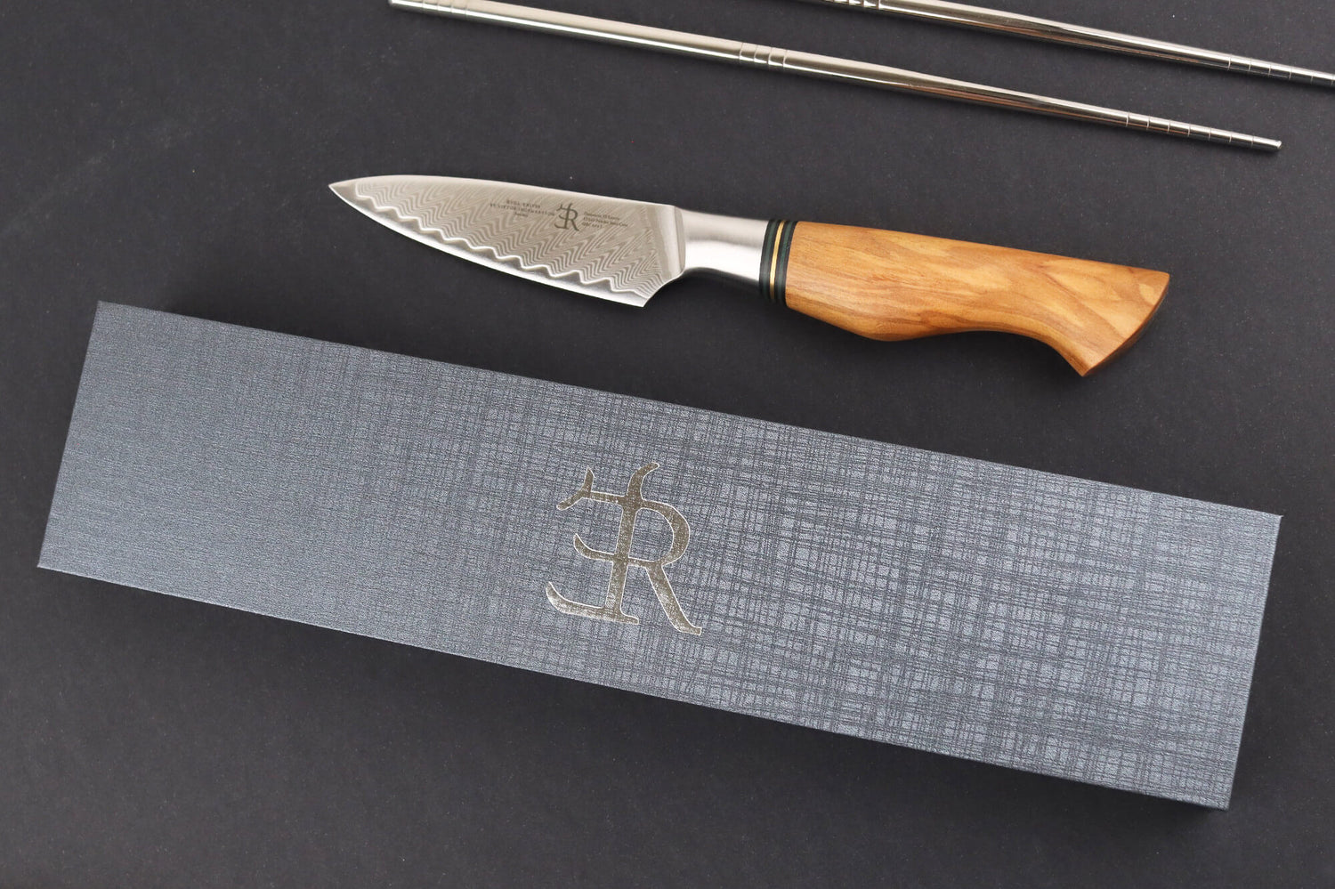 Couteau d'office 9,5cm Ryda Knives ST650 Damas et manche en olivier