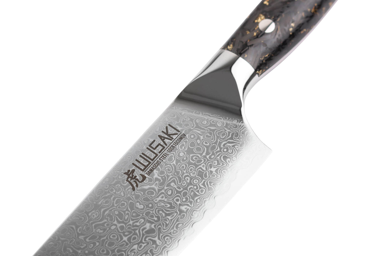 Couteau santoku Wusaki Sakin Damas 10Cr 17cm manche en fibre de carbone et feuille d'or