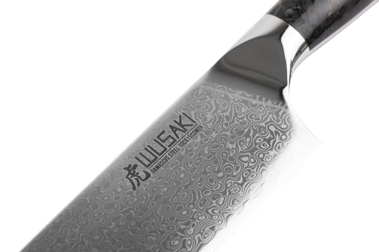 Couteau de chef Wusaki Sakin Damas 10Cr 20cm manche en fibre de carbone et feuille d'or