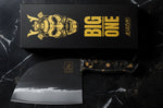 Couteau lame XL 17,5cm Wusaki BIG ONE brut de forge acier et manche carbone avec feuille d'or + étui cuir