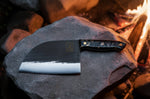 Couteau lame XL 17,5cm Wusaki BIG ONE brut de forge acier et manche carbone avec feuille d'or + étui cuir