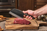 Couteau lame XL 17,5cm Wusaki BIG ONE brut de forge acier et manche carbone avec feuille d'or + étui cuir