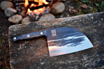 Couteau lame XL 17,5cm Wusaki BIG ONE brut de forge acier et manche carbone avec feuille d'or + étui cuir
