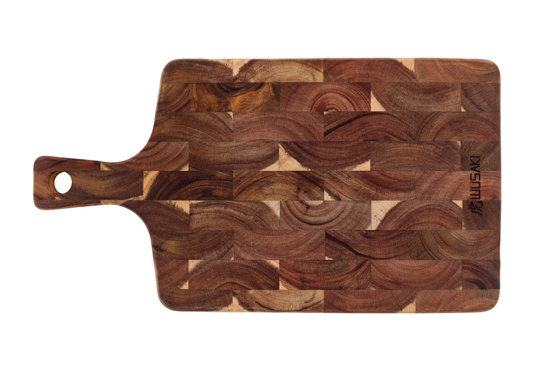 Planche à découper Wusaki en bois d'acacia damier avec poignée 41 x 22 x 2cm