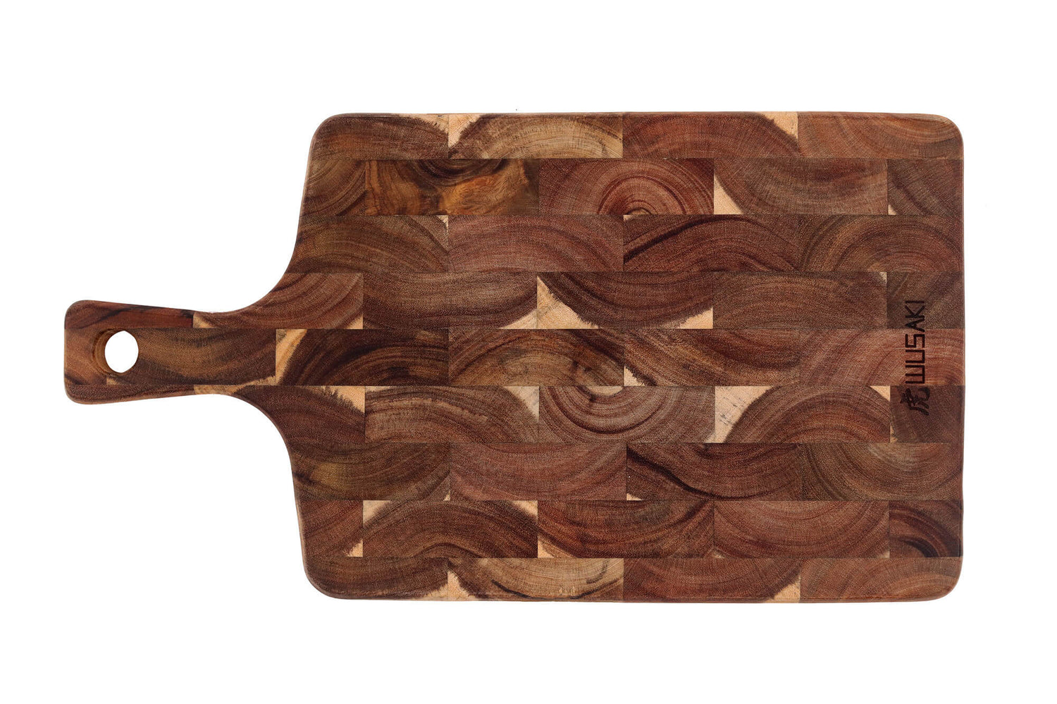 Planche à découper Wusaki en bois d'acacia damier avec poignée 41 x 22 x 2cm