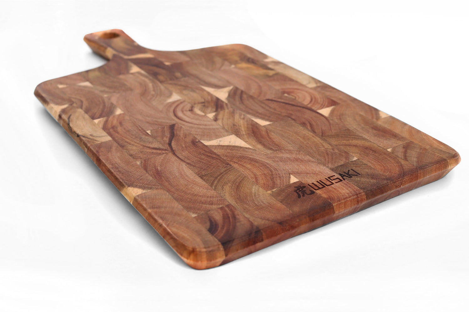 Planche à découper Wusaki en bois d'acacia damier avec poignée 41 x 22 x 2cm