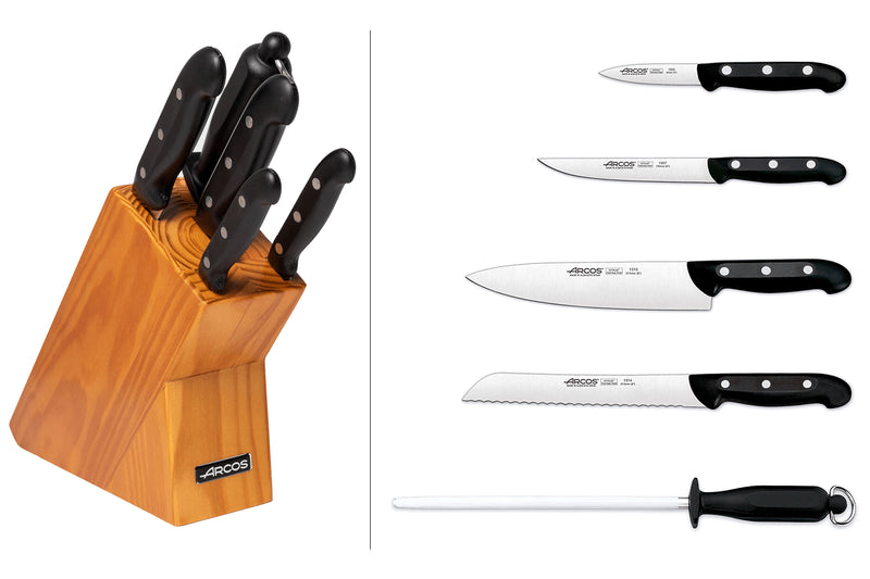 Bloc en pin 4 couteaux + 1 fusil Arcos MAITRE lames acier inox NITRUM