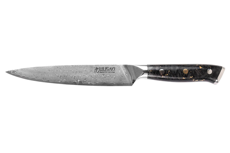 Couteau universel Wusaki Sakin Damas 10Cr 15cm manche en fibre de carbone et feuille d'or
