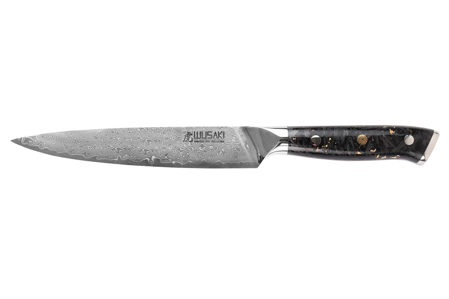 Couteau universel Wusaki Sakin Damas 10Cr 15cm manche en fibre de carbone et feuille d'or
