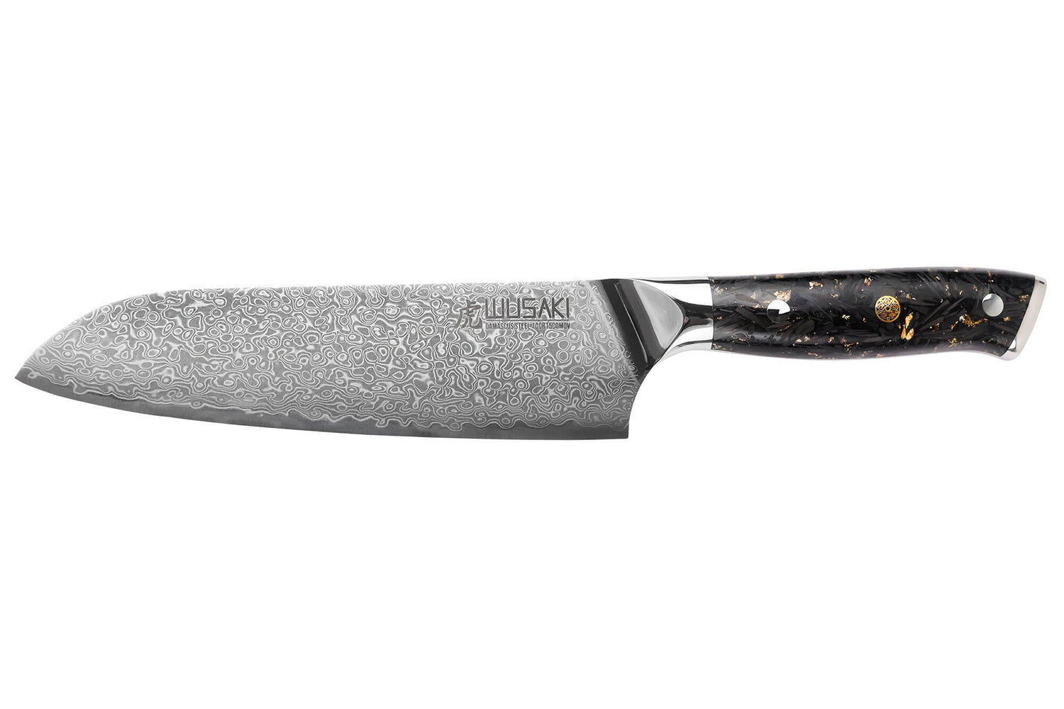 Couteau santoku Wusaki Sakin Damas 10Cr 17cm manche en fibre de carbone et feuille d'or