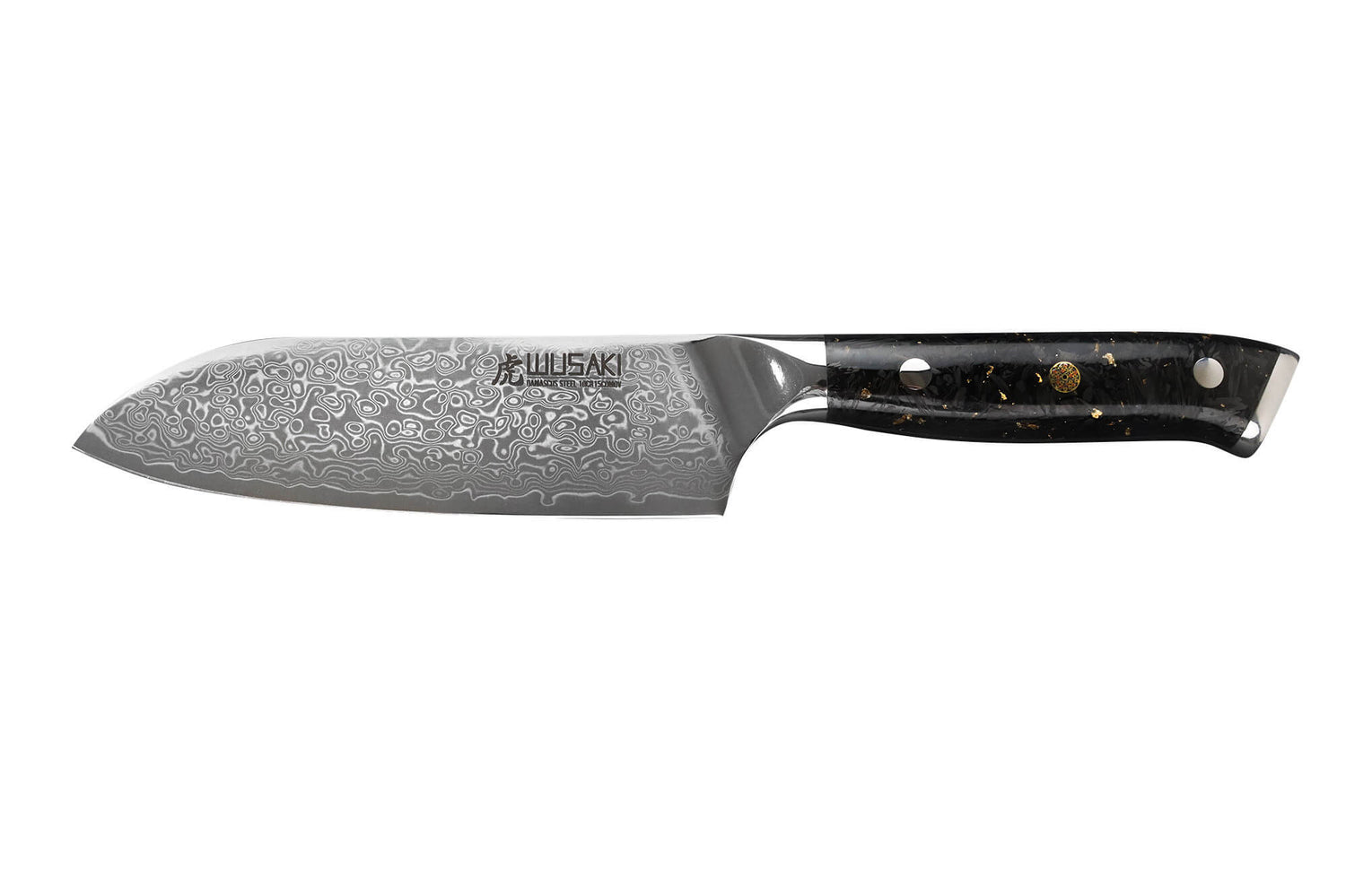 Couteau ko-santoku Wusaki Sakin Damas 10Cr 13cm manche en fibre de carbone et feuille d'or
