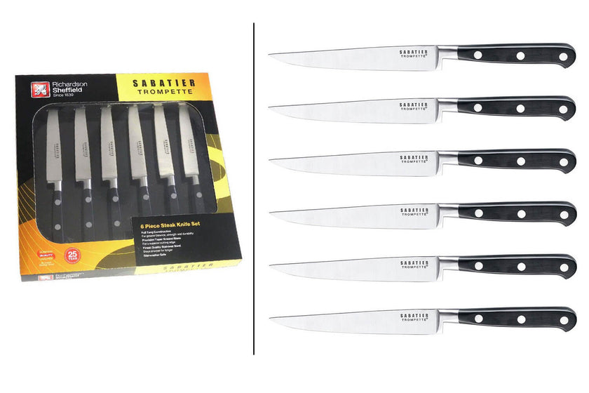 Coffret de six couteaux à steak Sabatier Trompette à manches noirs rivetés