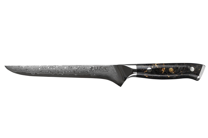 Couteau à désosser Wusaki Sakin Damas 10Cr 15cm manche en fibre de carbone et feuille d'or