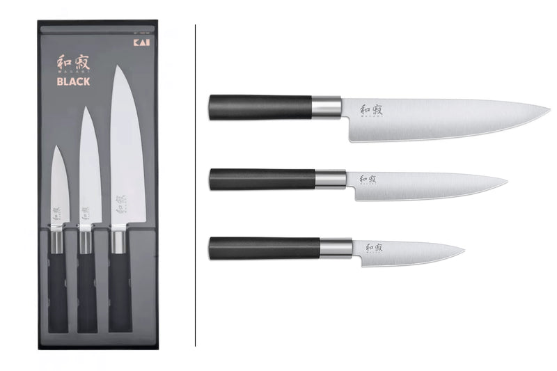 Coffret 3 couteaux Kai Wasabi Black : Universel 10cm et 15cm et Chef 20cm