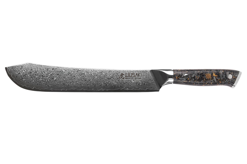 Couteau de boucher Wusaki Sakin Damas 10Cr 22cm manche en fibre de carbone et feuille d'or