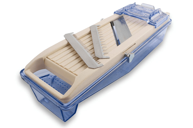 Mandoline japonaise professionnelle Benriner 3 lames couloir 6.5cm + poussoir et bac