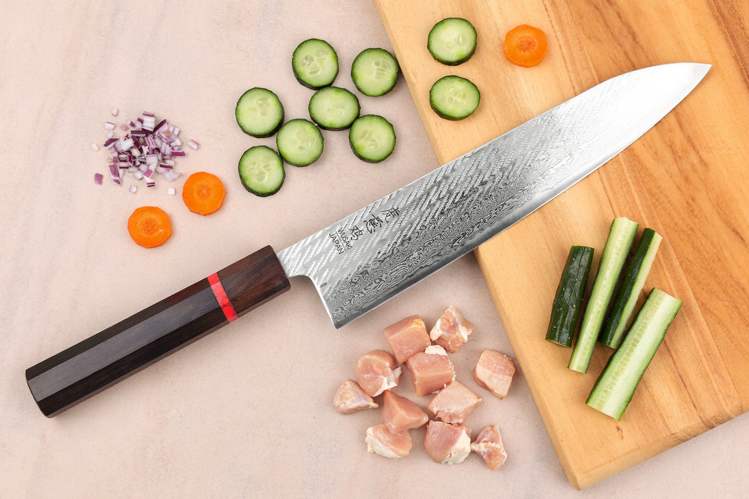 Couteau de chef 24cm japonais artisanal Wusaki Nawame AUS10 damas