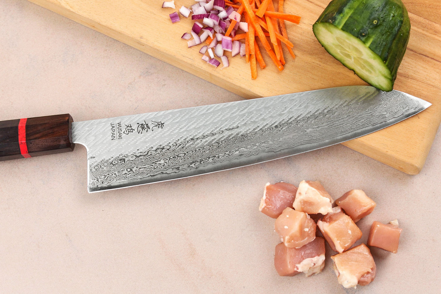Couteau de chef 24cm japonais artisanal Wusaki Nawame AUS10 damas