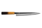 Couteau sujihiki 24cm japonais artisanal Yuzo Black AS chêne brûlé