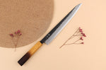 Couteau sujihiki 24cm japonais artisanal Yuzo Black AS chêne brûlé