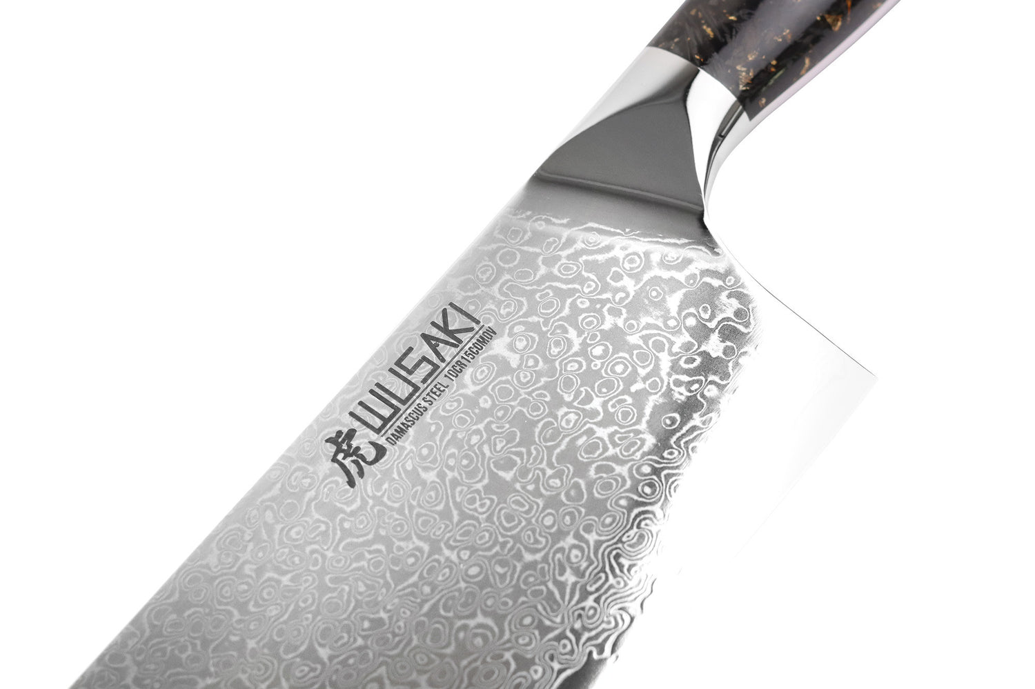 Couteau de chef chinois Wusaki Sakin Damas 10Cr 19cm manche en fibre de carbone et feuille d'or