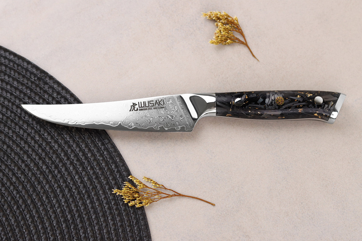 Couteau à steak Wusaki Sakin Damas 10Cr 13cm manche en fibre de carbone et feuille d'or