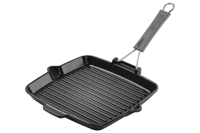 Gril carré Staub 24cm en fonte émaillée noir mat à poignée pliable