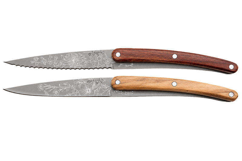Set de 2 couteaux d'office Deejo Office Blossom manche en bois d'olivier et bois corail 9cm