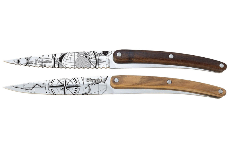 Set de 2 couteaux d'office Deejo Office Globe Trotter et Terra Incognita manche en bois d'olivier et bois corail 9cm
