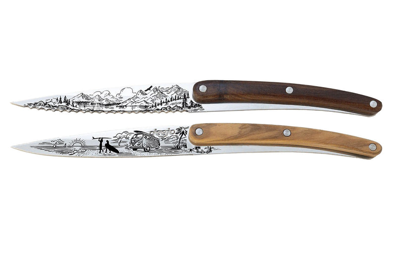 Set de 2 couteaux d'office Deejo Office Van Life et Montagne manche en bois d'olivier et bois corail 9cm