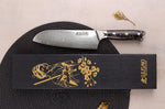 Couteau santoku Wusaki Sakin Damas 10Cr 17cm manche en fibre de carbone et feuille d'or