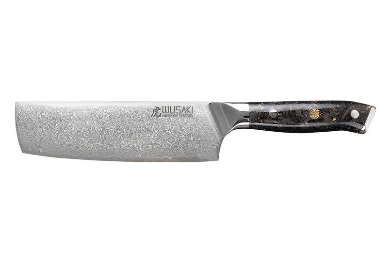 Couteau nakiri Wusaki Sakin Damas 10Cr 17cm manche en fibre de carbone et feuille d'or