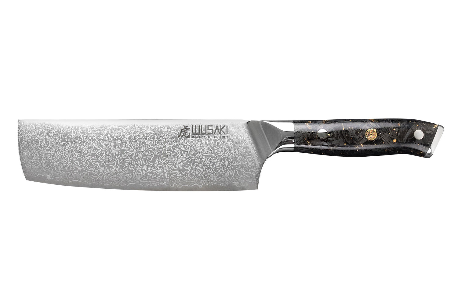 Couteau nakiri Wusaki Sakin Damas 10Cr 17cm manche en fibre de carbone et feuille d'or