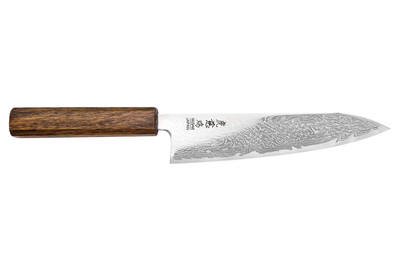Couteau de chef japonais artisanal Wusaki Unagi AUS10 damas 18cm manche chêne
