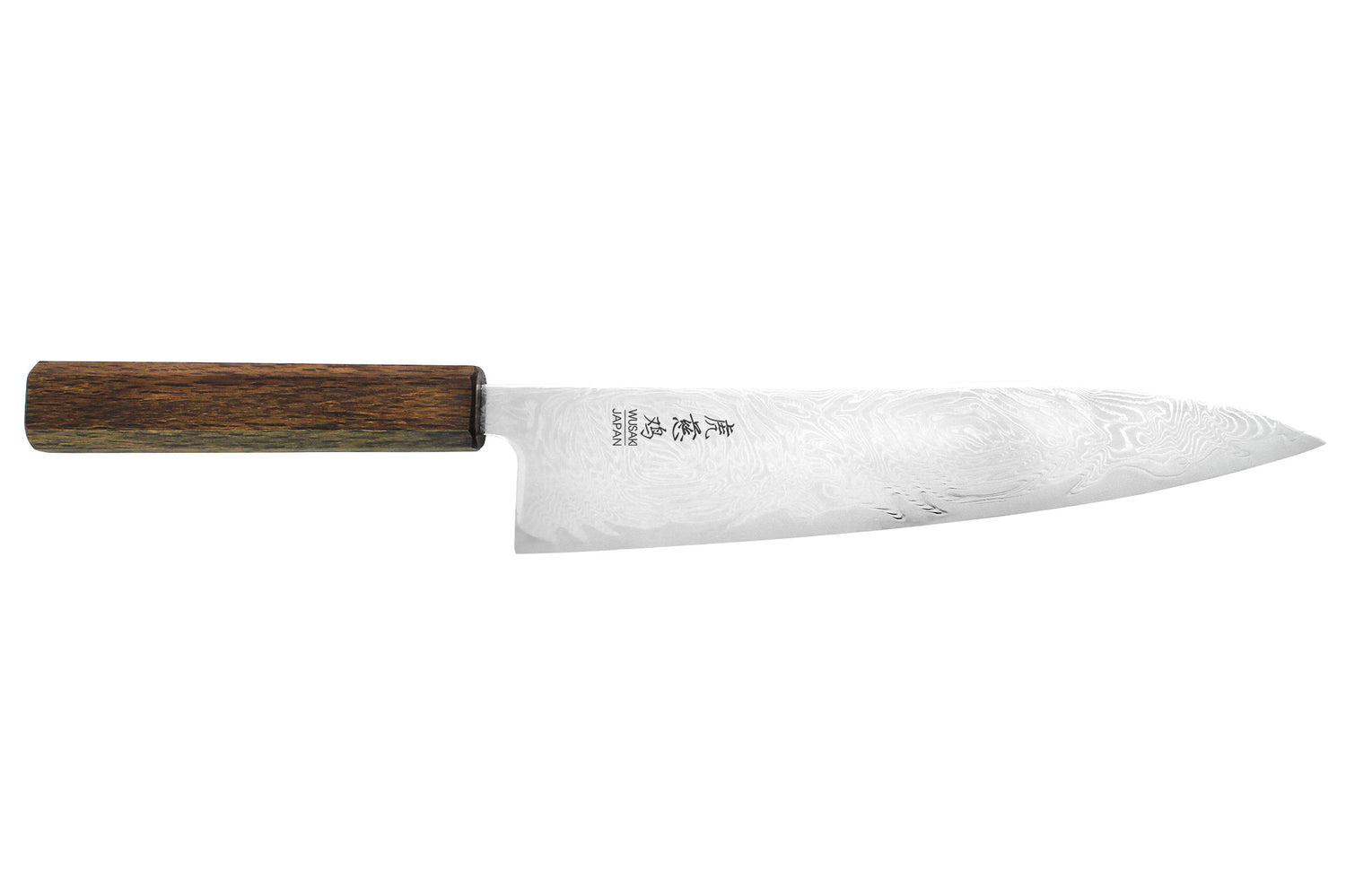 Couteau de chef japonais artisanal Wusaki Unagi AUS10 damas 21cm manche chêne