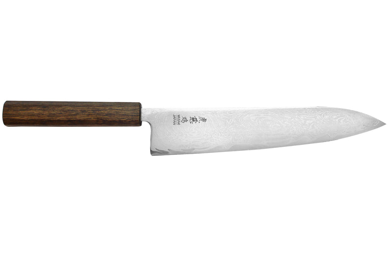 Couteau de chef japonais artisanal Wusaki Unagi AUS10 damas 24cm manche chêne