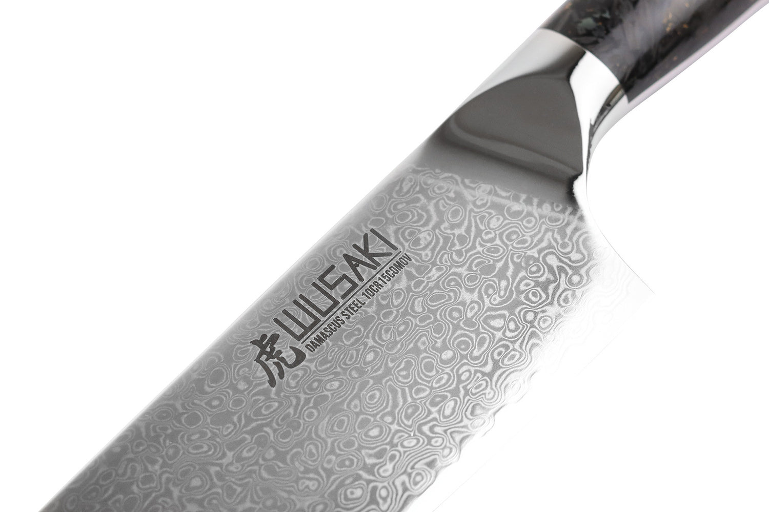 Couteau de chef Wusaki Sakin Damas 10Cr 20cm manche en fibre de carbone et feuille d'or