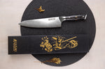 Couteau de chef Wusaki Sakin Damas 10Cr 20cm manche en fibre de carbone et feuille d'or