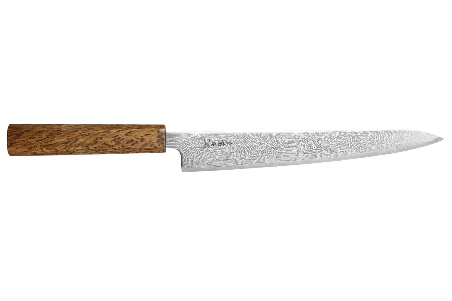Couteau sujihiki japonais artisanal Wusaki Unagi AUS10 damas 24cm manche chêne