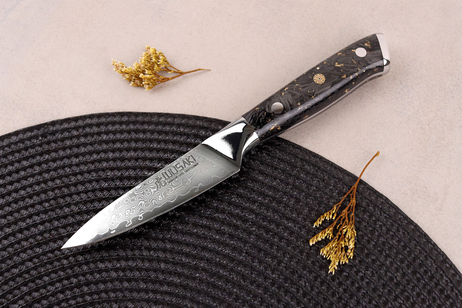 Couteau d'office Wusaki Sakin Damas 10Cr 9cm manche en fibre de carbone et feuille d'or