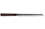Couteau yanagiba kiritsuke 27cm japonais artisanal Hatsukokoro Shirasagi manche en wengé