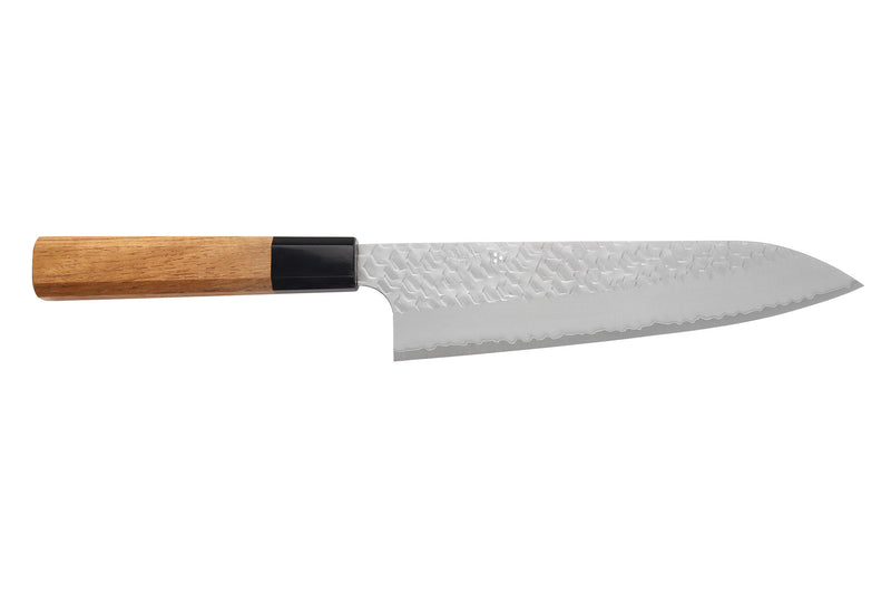 Couteau de chef 20cm japonais artisanal Nigara Hamono Migaki Tsuchime SG2 teck