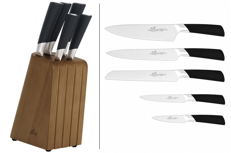 Bloc Sabatier International Auckland en bois de pin et hévéa + 5 couteaux Draco