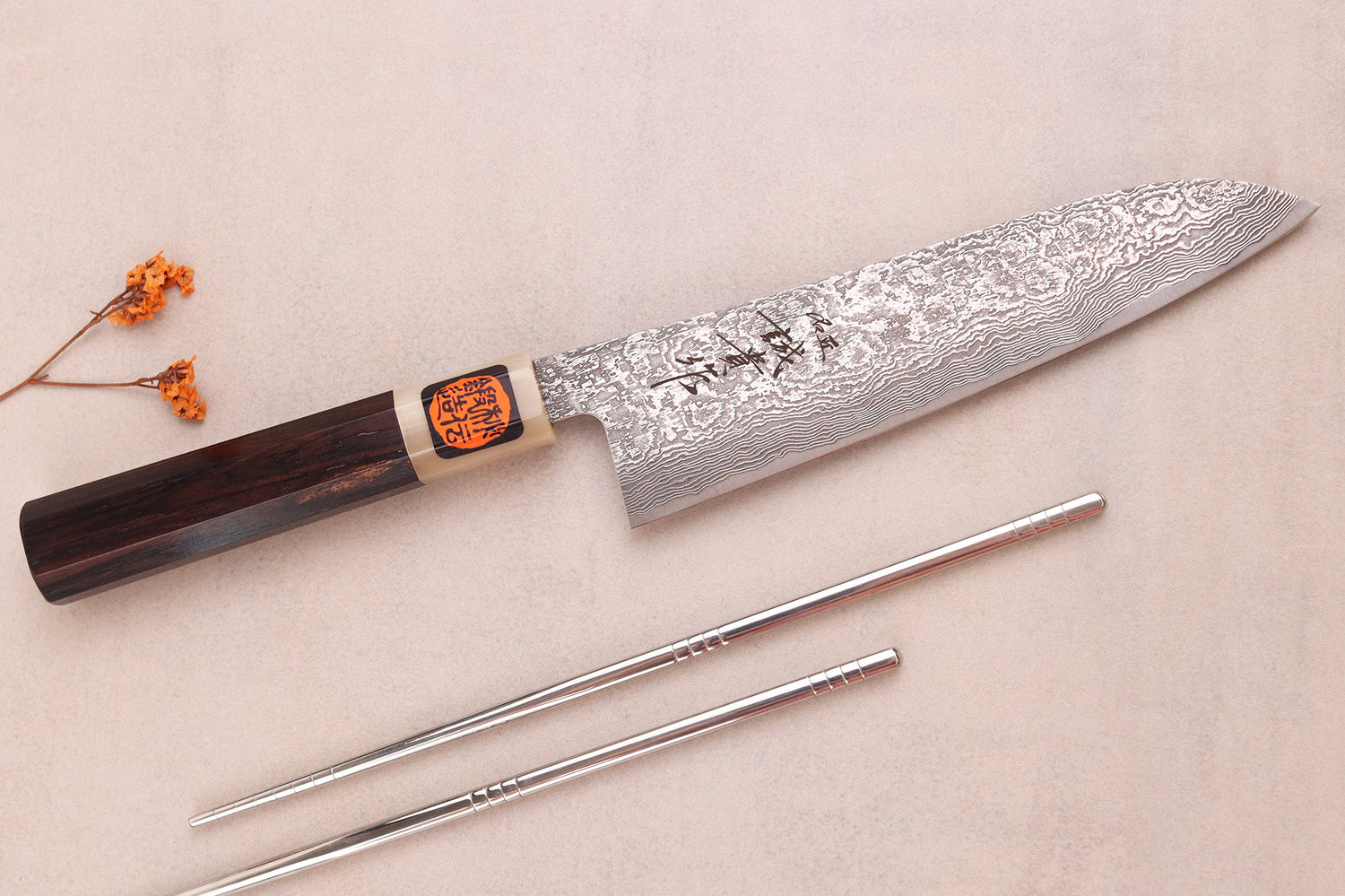 Couteau gyuto 18cm japonais artisanal Tanaka Shigeki SG2 Kurozome Damas ébène